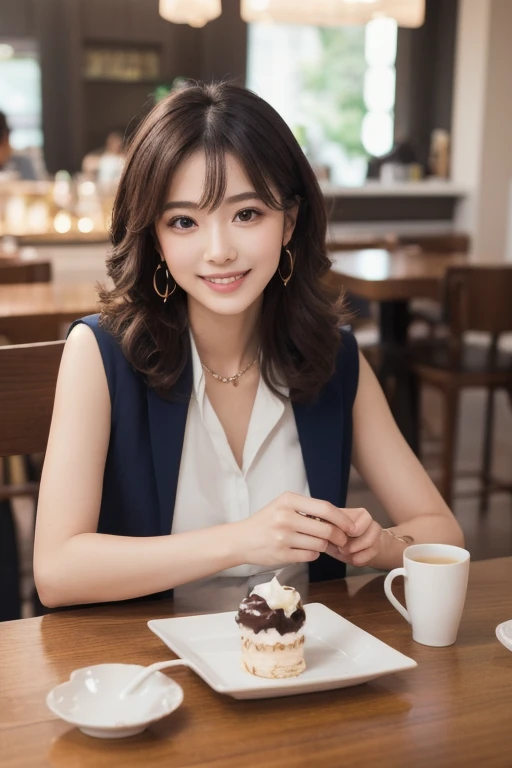  eyes that seem to be sucked in , cute double , Mysterious woman eating chocolate soft-serve ice cream so deliciously, strawberry,  inside a calm cafe ,  short hair with loose inner curls,  clothes chosen for a date , Talented , Kind personality,  woman wh...