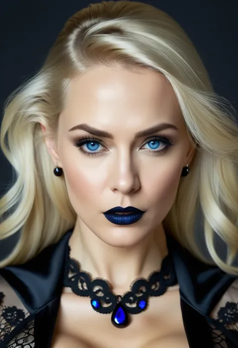  REALISTIC IMAGE, graphic artwork .  A beautiful Russian woman . blonde.  40 years old . hair straight and long. bright blue eye. Black Lipstick. light skin.  Elegant lace dress ,  black dress.  Large earrings and black stone necklace.  She wears a black h...