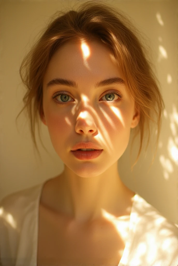 A captivating portrait of a young woman, a goddess shining with a golden glow,  their face bathed in a mesmerizing patterned light, creating muted shadows that add depth to the image, beautiful pale skin and perfect features, The subjects captivating gaze ...