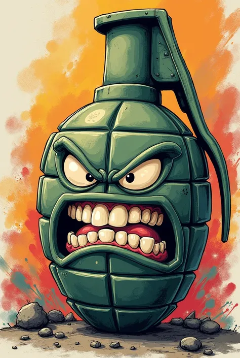 Grenade that runs and sour is comic light sign bar very angry and painted with pencil big teeth and very very sour in a graffiti art style 