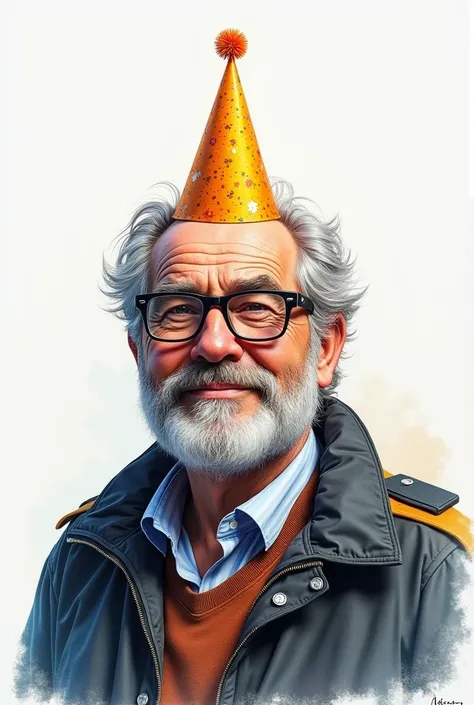 multicolored realistic drawing of a 45-year-old man,  with square glasses , with bristles, slightly gray , In a jacket and trousers, slightly chubby ,  in a festive cap ( birthday)