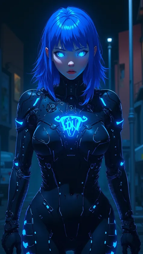 (1 girl), (asian), beautiful teenage (skinny) muscular goth cyborg girl, (full Cybernetic exosuit:1.5), (black sclera:1.5), (blue glowing eyes:1.5), (blue glowing body veins:1.5), ((((extreme muscular hypertrophy:1.25)))), (flat muscular pecs:1.25), (blue ...