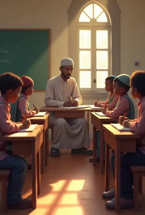 10 male and 10 female students are sitting two by two in a tool and writing in notebook with their pen. In front of them sits a Sudanese Islamic master very cute. Taking a toll time