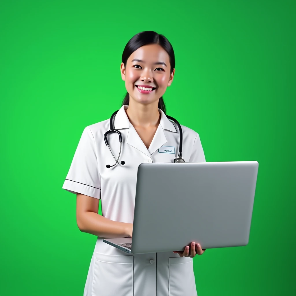 create a realistic image of a smiling nurse holding laptop to show you with green screen