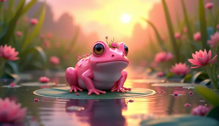 "A whimsical pink frog with a rosy glow hopping on a lily pad in a sparkling pond surrounded by tall green reeds and colorful flowers. The frog wears a delicate crown made of tiny wildflowers, and the scene is illuminated by the warm golden light of the se...