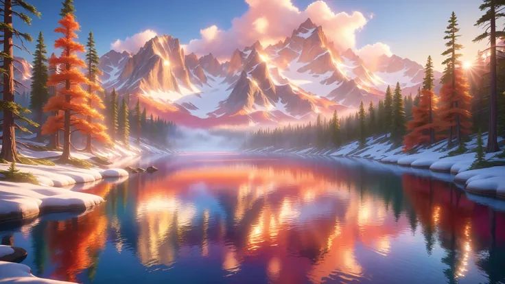 A Stunning 3D Masterpiece, A Hyper-Realistic 32K High-Resolution Scene Showcasing The Serene Majesty Of A Crystal-Clear Lake Nestled Amidst Towering, Snow-Draped Peaks. The Lake’s Surface Is A Perfect Mirror, Reflecting A Vibrant Sunrise Exploding In Shade...