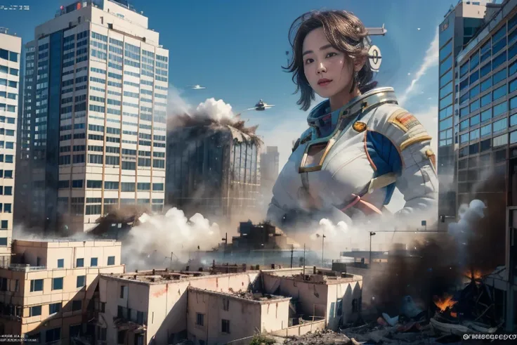 (((Aerial photography))), ((( Giants Destroying Cities ))), 2025 calendar cover,  A beautiful 20-year-old giant Japanese woman , About as tall as a building 、 beautiful woman: 1.54, In a city building。 pictures of super beautiful and cute Japanese giant wo...