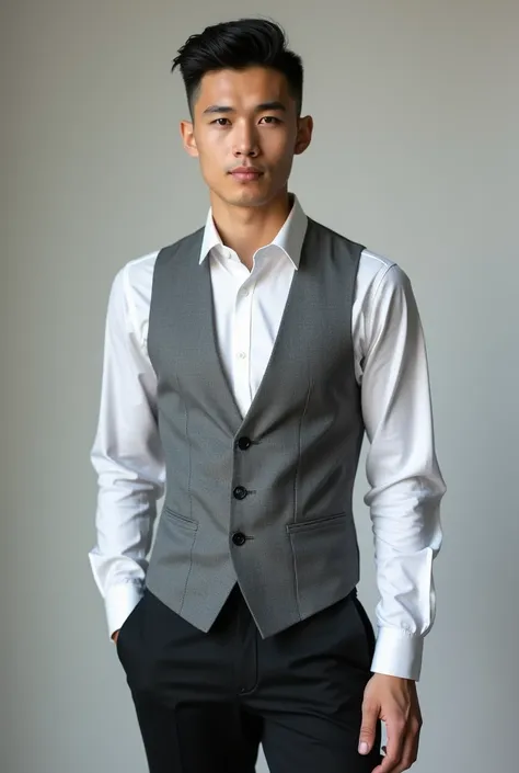 A young man wear White shirt, gray vest, black trousers