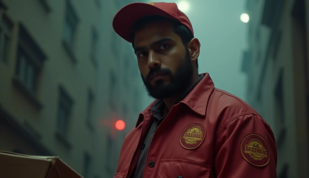 "A young South Asian man in his late 20s, wearing a pizza delivery uniform with a red cap and a matching jacket bearing a pizza logo. He has a medium build, short black hair, and a neatly trimmed beard. The setting suggests a supernatural or haunted atmosp...