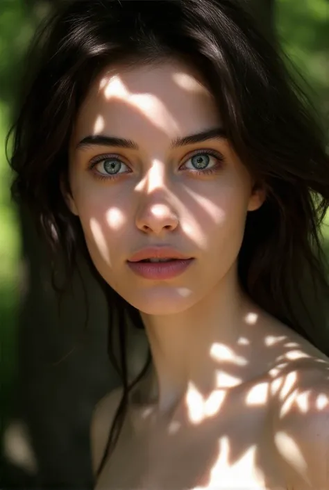 A captivating RAW portrait of a young woman, a wood nymph in the forest,  their face bathed in a mesmerizing patterned light of sunlight filtering through the tree leaves leaving shadows that add depth to the image, beautiful pale skin and perfect features...