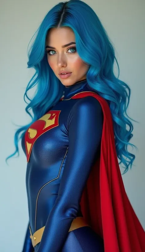 A beautiful and stunning girl , blue hair, Cyan Eyes, wearing a super girl costume,  posing for photo , pose sexy