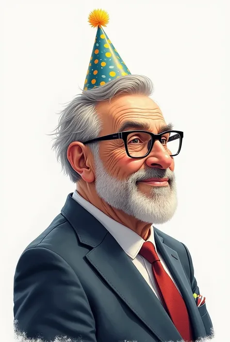 multicolored realistic drawing of a 50-year-old man,  with square glasses , with bristles, in a pantsuit , slightly chubby ,  in a festive cap ( birthday)