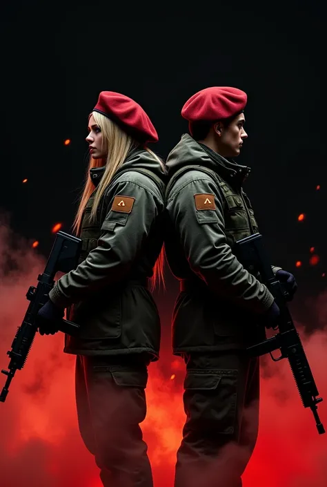  Black background .  Two burgundy berets standing back to back .  One woman and one man .  Weapons in their hands . Camouflage .  Black fog effect with red orange as it explodes from behind. Camouflage  biraz daha türk desenli olsun. Let the boy be blonde ...