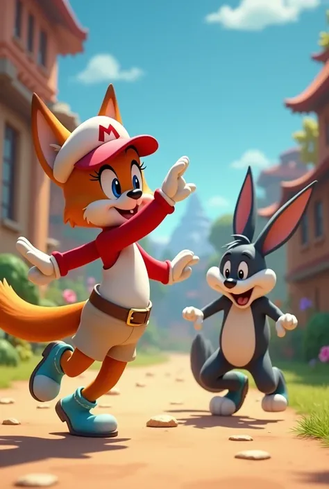 Create something animated style Looney tunes a fox with a Mario cap but that in the white part he puts a white shirt with long red sleeves, a flesh-colored shorts with a belt and light blue shoes being teased by a wolf.