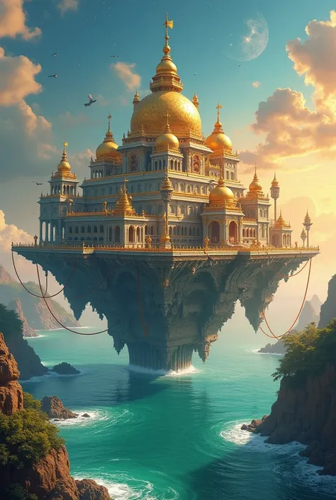 The background depicts a floating palace resting on massive platforms of carved stone, rising above a calm, turquoise ocean. The palace glimmers with golden domes and intricate murals depicting tales of kings and deities. Waves lap gently against the palac...