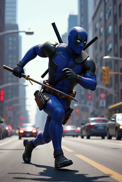 Blue Dedpool, holding a samurai sword , is running in the middle of an urban street,background of many vehicles , high-rise building ,bright afternoon atmosphere,realistic image,HD quality