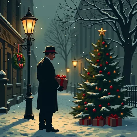 Vector image A classic Christmas scene, but in the Peaky Blinders style: a suited figure standing by a vintage lamppost, holding a small gift box, or placing it under a Christmas tree. The holiday decorations would be subtle, using deep reds and greens, wi...