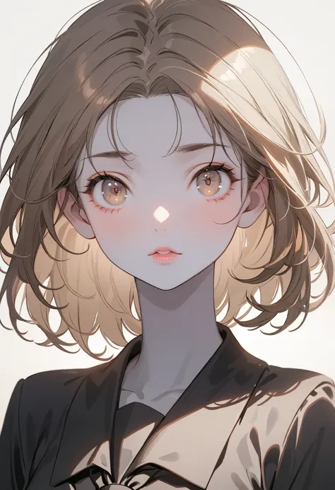 Girl, long soft light brown hair, brown eyes, sharp features, white skin, shiny light pink lips, perfect, wearing a dark brown school uniform.