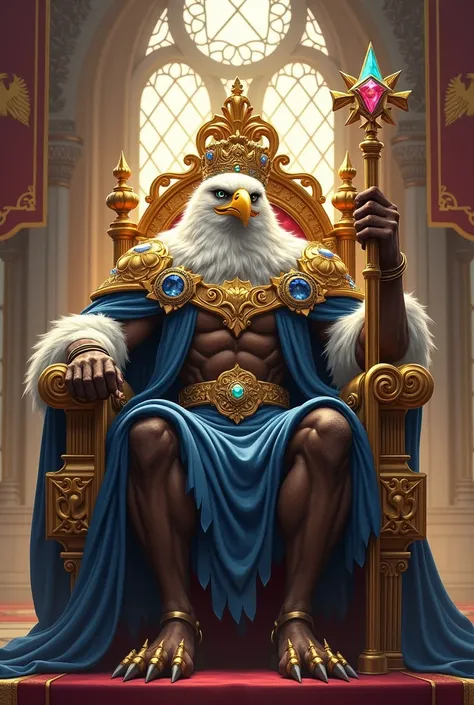 A majestic eagle king with a muscular, anthropomorphic physique seated on a grand golden throne. The eagle king has a powerful human-like body with feather-covered arms and chest, transitioning into sharp talons for feet. His head features a noble eagle’s ...