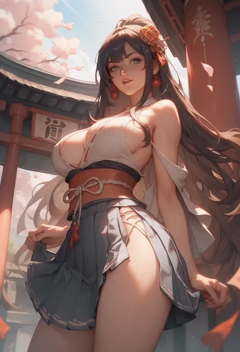 Fleet　Kongo no Kongo 　 The upper body wears a shrine maiden costume with protruding shoulders 、The lower body is wearing a black pleated skirt　Long brown hair