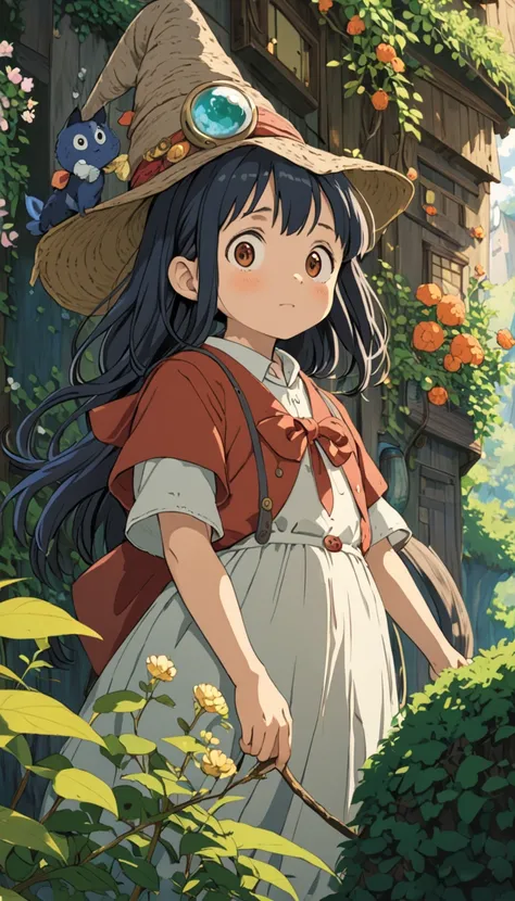 A Studio Ghibli-style animated movie,  still photos from the movie ,  best quality, masterpiece, Representative works,  Official Art, professional,  super intricate details , 8k,  witch girl