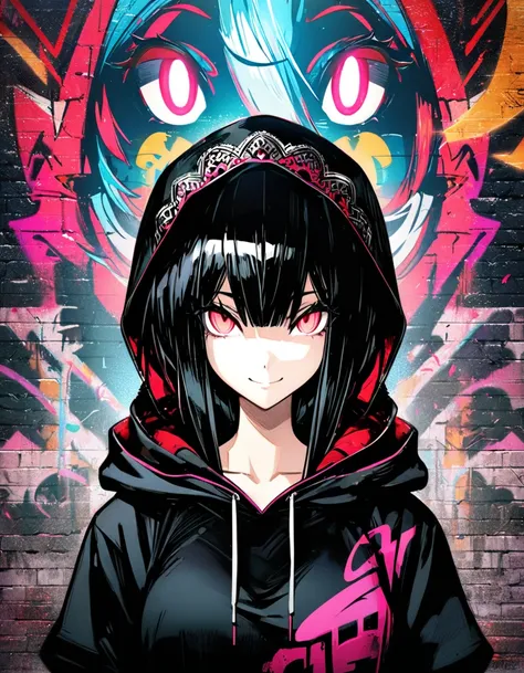 masterpiece,  best quality, 8k, detailed background, masterpiece,  best quality, smile,  ornament ,  hoodies , Portraiture, Neon Red, graffiti, dark, night, Shining Eyes,  black light,Maid