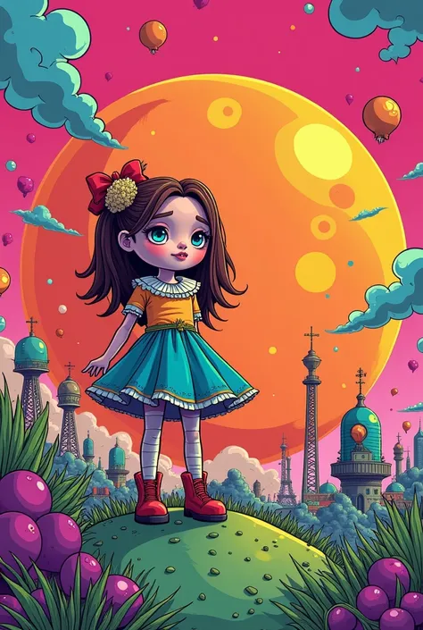 A surreal and whimsical comic-style illustration featuring a balanced wide-frame scene of a vibrant fantasy world for girls. The composition has a primary focus on a large, colorful doll in the foreground with intricate details, surrounded by smaller toy f...