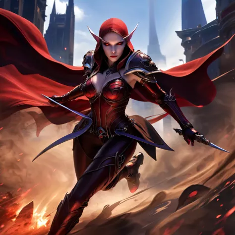 red eyes, sylvanas_windrunner, cinewow, (((Full body image))), 1girl, elf, will be depicted in the futuristic world of "Aeon Flux". The artwork will be created using the medium of digital illustration. The image quality should be at its best, with a resolu...