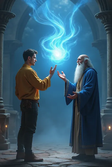 A ultra hd image of "The engineer confidently raises his hand, asking for his second wish. The genie smirks and waves his hand, causing a halo of glowing light to appear around the engineer’s head, symbolizing his newfound intelligence."