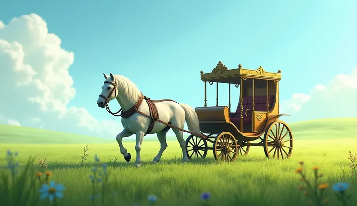 1 white horse pulling a carriage 、No one is on board、grassland