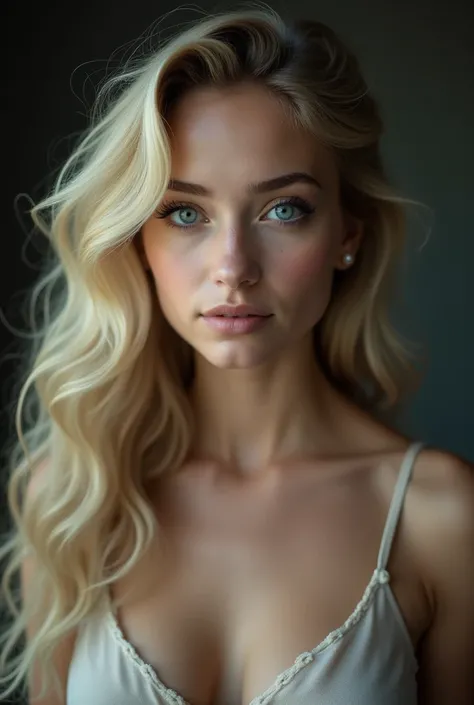 Create a blonde with blue eyes ,  with long curly hair, wearing a dress with thin straps,  background neutral dark 