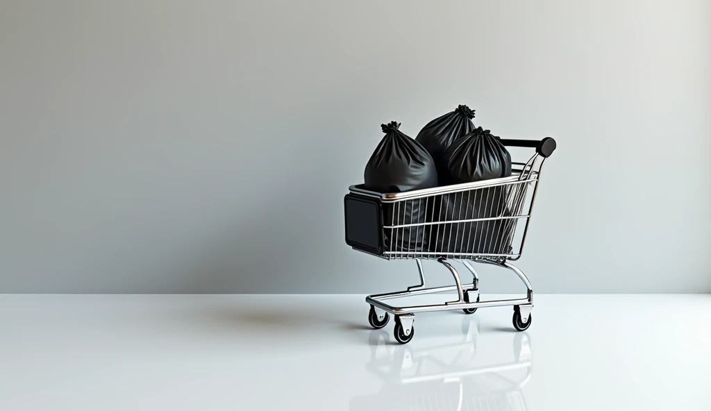 A small, metal shopping cart is positioned on a white floor, filled with several overflowing black garbage bags. The cart is situated on the left side of the image, against a plain, bright gray wall. The bags are bunched together, filling the carts interio...