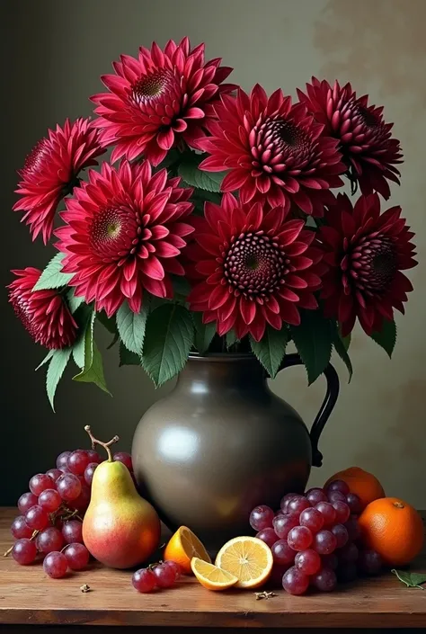  create a still life with burgundy chrysanthemums in a vase, draw fruit next to the vase , scattered on the table.