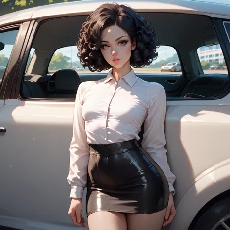 young woman gets into the car, white shirt, black tight mini skirt, black curly hair, flat breasts, view from back
