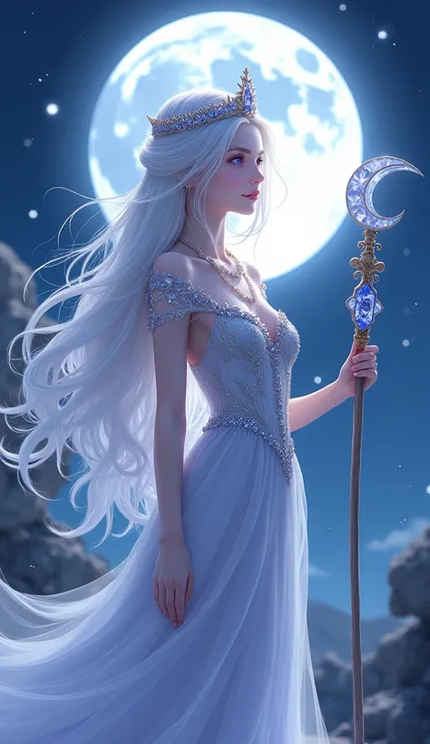 [MOONLIGHT QUEEN]
A graceful queen stands beneath a glowing full moon, her silver dress shimmering like starlight. Her flowing white hair cascades over her shoulders, and her violet eyes glint with wisdom. She holds a crescent-shaped scepter, and a delicat...