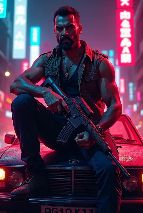 show name  GABBAR big neon light man sit on car akm gun in hand 