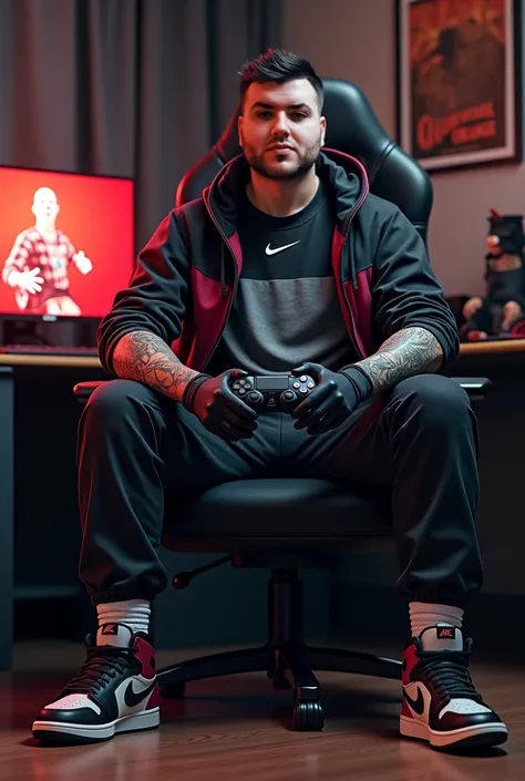  30-year-old boy , endomorph,  shaved hair sides at 2 and toupé ,  black gloves,  sports jacket black and maroon Nike ,  t-shirt half black half gray Nike ,  sports pants black and maroon Nike ,  white socks , Nike Air Jordan sneakers black grey and maroon...