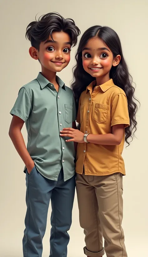 A realistic young indian boy and girl wearing shirt hand on tie trouser converse shoe