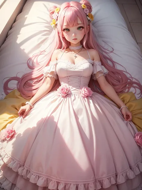 A pink-haired，Yellow pupil，White and looming，Clothes similar to wedding dresses，The dress is decorated with a lot of pink bows，Pair it with a dazzling silver necklace，is a cute, Sweet and cute little loli