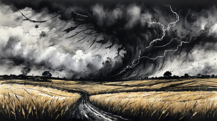 watercolour and ink on black paper. flat landscape, fields of wheat, being ripped apart. a twisting, bending tornado stretching up to immense angry black thunder clouds, lightning. debris flying through the air being sucked in to the centre. grey and white