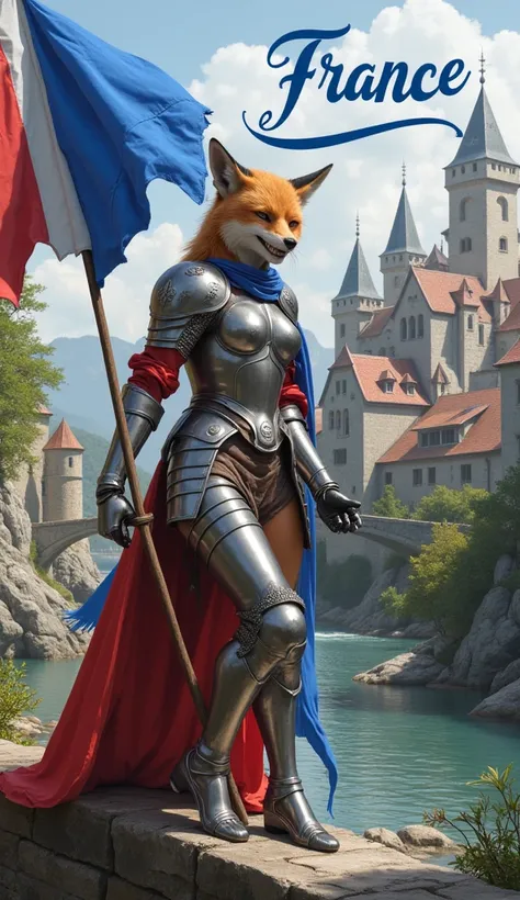 A female warrior animal with a slender and elegant female human body, wears silver armor with blue and red details, symbolizing the medieval French flag. Her head is that of a fox, with cunning eyes and a menacing gaze, her teeth bared as she holds a longs...