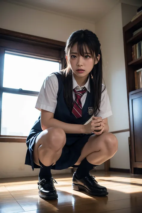 dramatic lighting, ultra-detailed, 8k, photorealistic, masterpiece, professional, vivid colors, cinematic, emotional portrait, squat:1.5, ecstasy, tears,school uniform