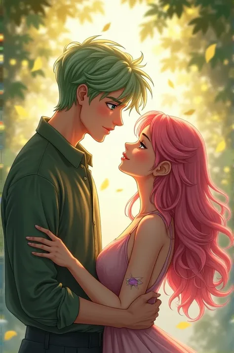 A touching reunion between a tall and handsome boy with light green hair and a pretty and sexy pink haired girl