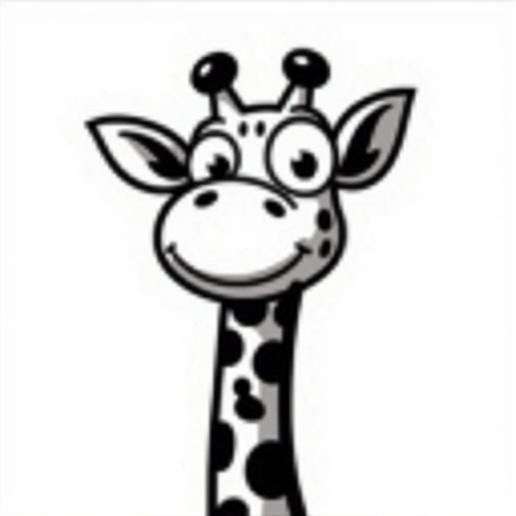 A bold, black-outlined chibi giraffe head on a white background studio ghilbi style, cartoon style, Simple design, not colored , uncolored, bold black, bold black 