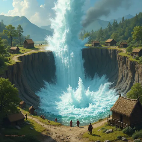 Generates a concept art style illustration for me, viewed from above. Lets imagine a natural disaster (the flood) the surface of the ground cracks in a long, very deep groove, from its interior emerges a large geyser of pressurized water that expels a torr...