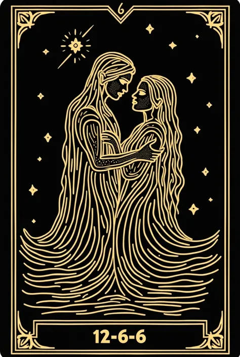  You need to make an image in the style of a tarot card . 
 Picture theme : Love and sacrifice
The picture style should be: tarot card, a silk screen, naive art.

 The picture should have a double frame of yellow-gold straight lines 1 px .

 The picture sh...