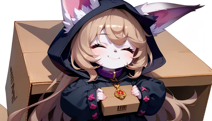 (masterpiece:1.3), (best quality:1.3), (very detailed), (anime style:0.1), game cg, anime coloring,((simple white background)),VexLoLXL,big eyes,yordle,shortstack,red eyes,((light brown hair,bangs,long hair)),shiny_skin,white_skin,white skin,black hood,hoo...
