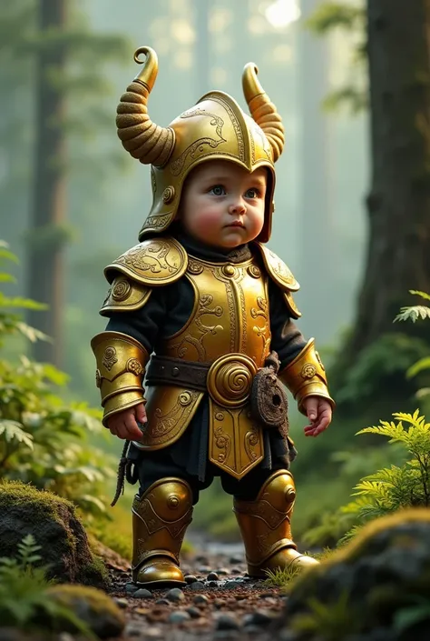 Muscular Viking toddler ,golden armor , northern forest  background