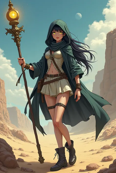 Female character
Age: 21-23
Hair: long, lighter black hidden under hooded cloak
Eyes: bright yellow
Skin: pale
Clothes: she wear rugged, post-apocalyptic and a short dress.
She holding a tall and complex magic staff in right hand and casting a spell
Backgr...