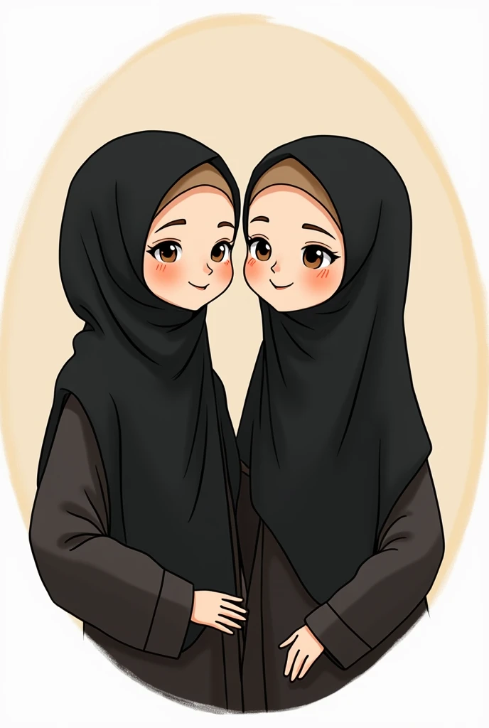 Beautiful 2 Muslim Women with Niqab without showing theirs eye. Cartoon of Islamic Women in black borka, full face cover,in round  frame Background 